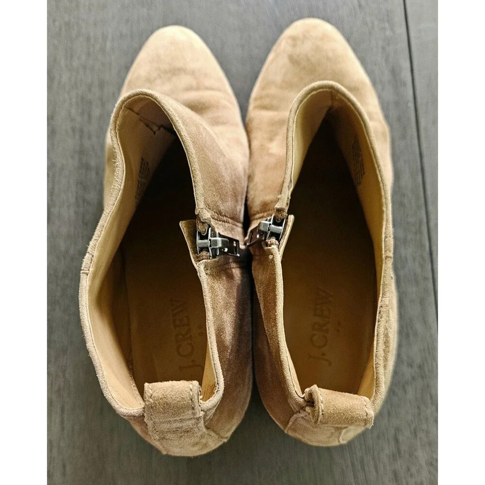 J Crew Boots Beige Tan Suede Sawyer Ankle Booties Side Zip Low Heel Size 6